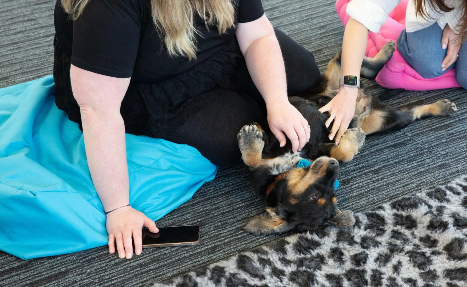 Two colleagues giving a Moment to Paws therapy dog a belly rub as it lies upside down on the office carpet