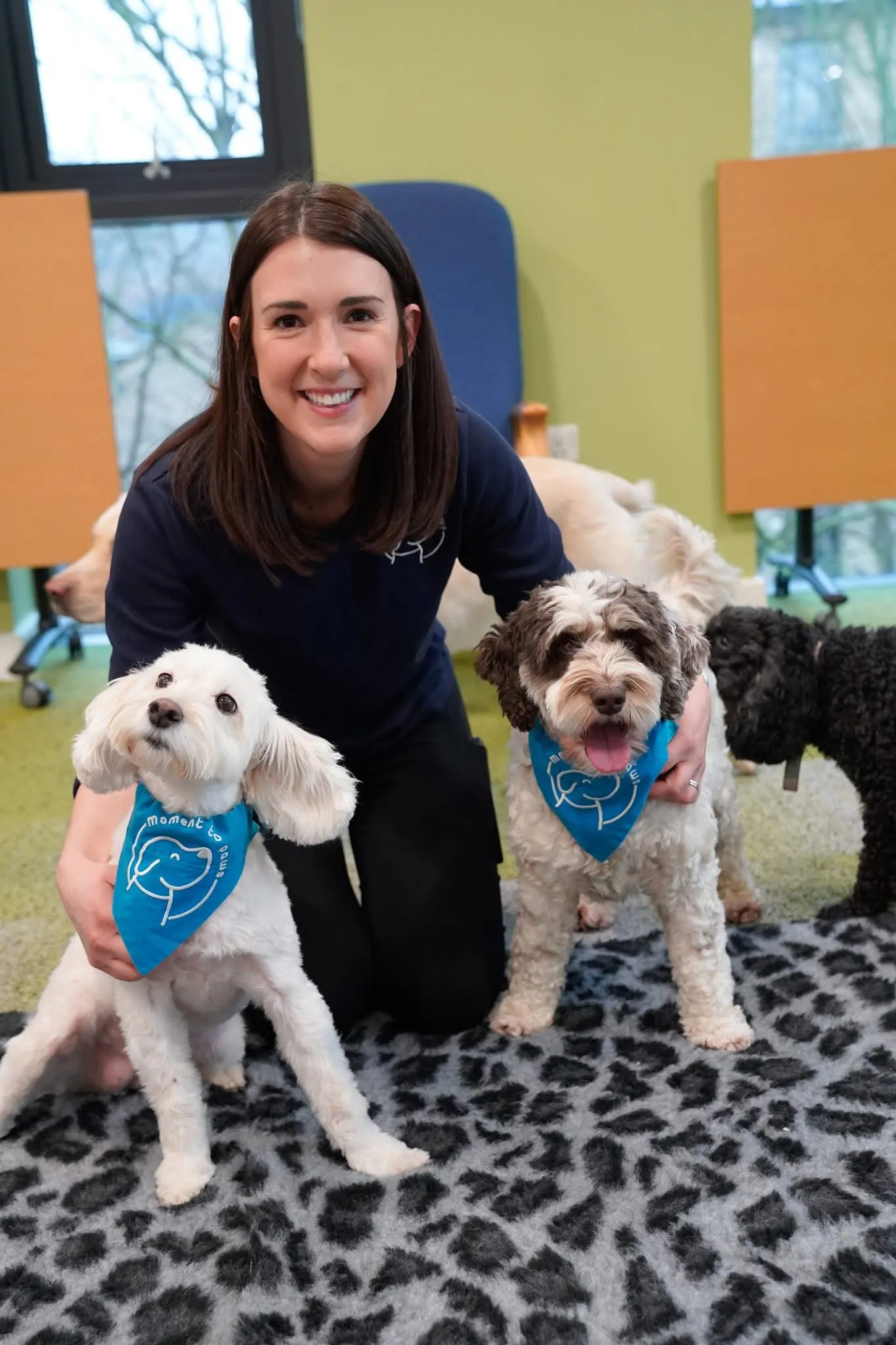 Kate Soames, founder of Moment to Paws, with two of her therapy dogs
